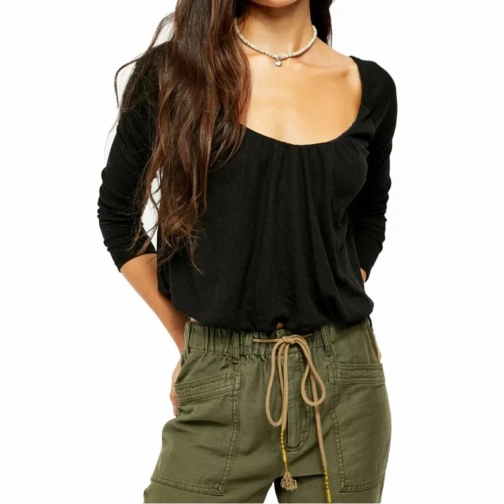 Free People Bondi Termal Long Sleeve Back Tie Top in Black‎ Size XSmall